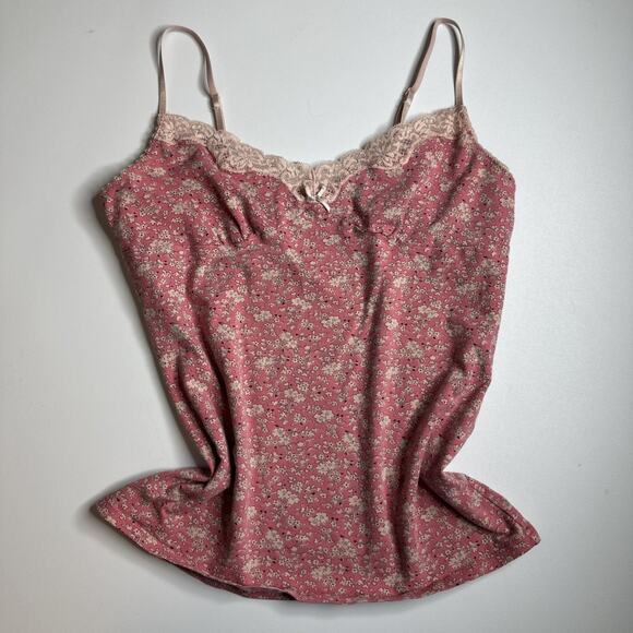 Uniqlo Pink Ditsy Floral Lace Trim Cami Tank Top Coquette Retro Y2K Bow Small - Picture 3 of 10